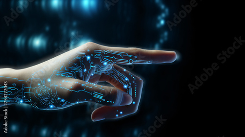 Hand of man poing on AI interface digital screen