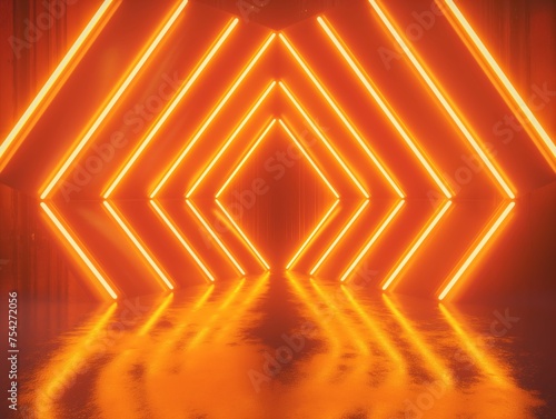 Vibrant orange neon lights creating a symmetrical pattern in a modern, futuristic tunnel.