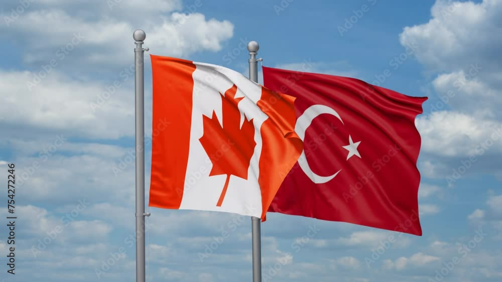 Republic of Turkey and Canada two flags waving together, looped video, two country cooperation concept Republic of Turkey and Canada two flags waving together, looped video, two country cooperation concept