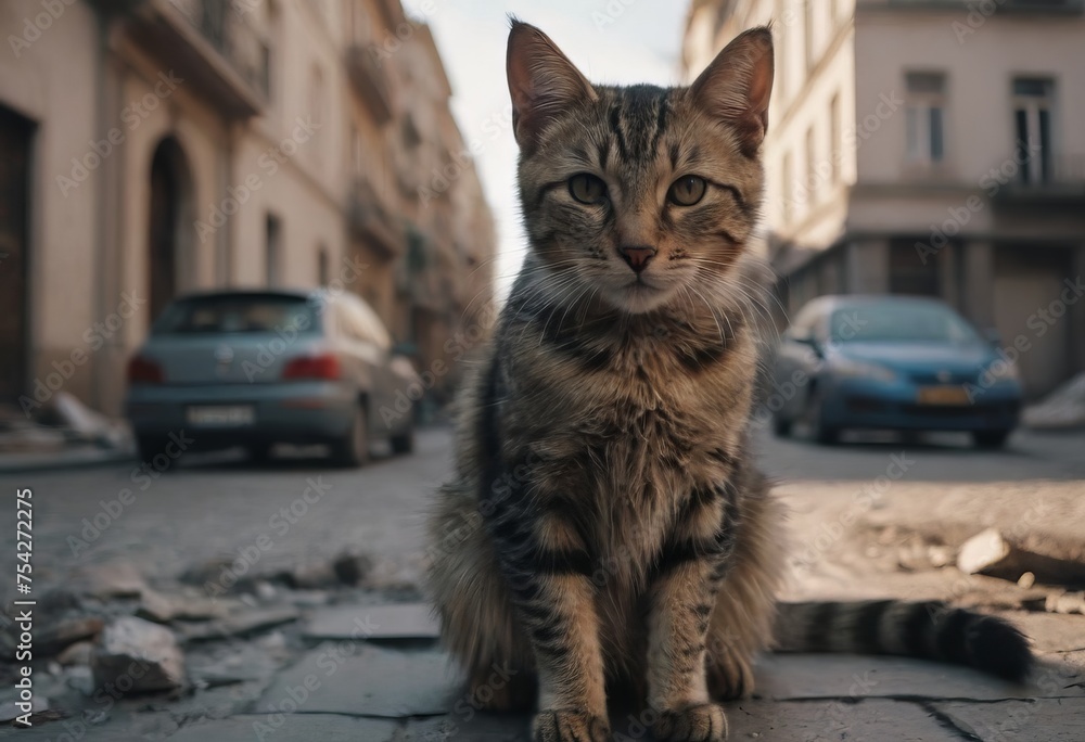 Naklejka premium A group of stray cats in an old abandoned town, houses dilapidated, possibly after the war.