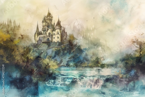 A watercolor painting of a castle perched on a hill overlooking a shimmering river.