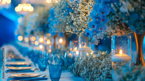 A beautiful floral centerpiece with blue and white flowers is prominently displayed, indicative of a special occasion or celebration.