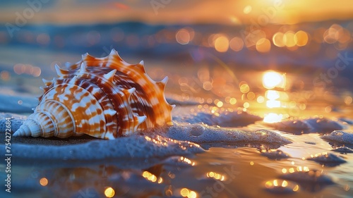 Serene beach sunset with a detailed seashell on the shore evoking a sense of calm