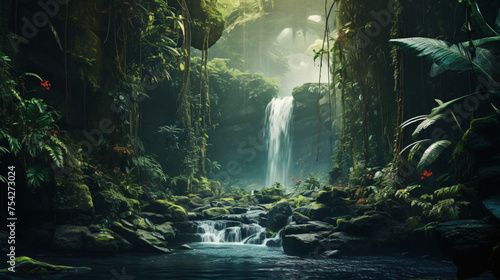 Hidden Waterfall Veil of Cascading Waters Amidst Jungle © khan