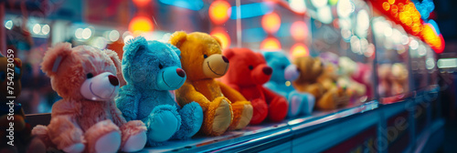 teddy bears and stuffed animals in an arcade claw machine, colorful plush toys in an arcade, 
