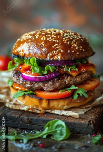 Hamburger With Meat and Vegetables on Wooden Board