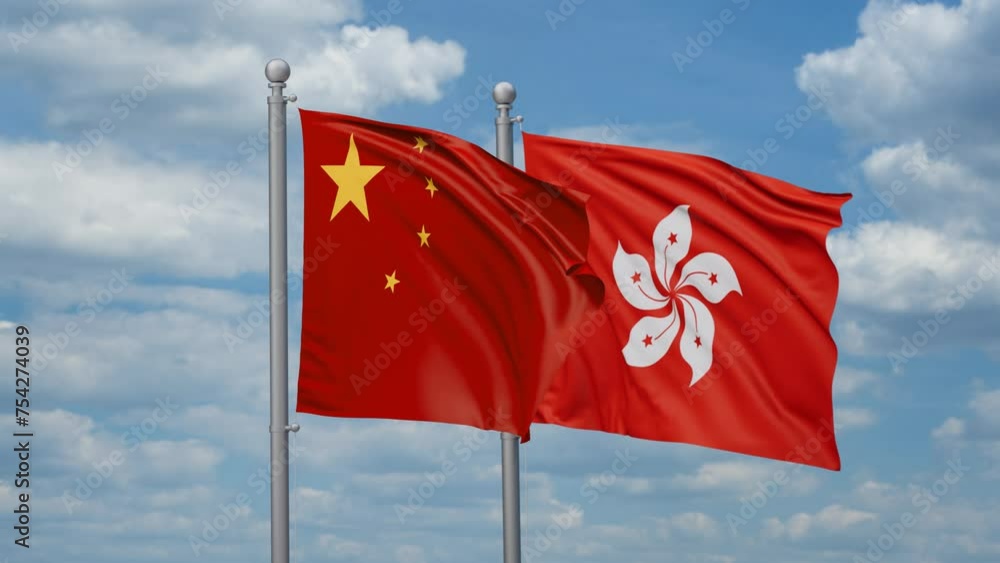 Hong Kong and China two flags waving together, looped video, two country relations concept Hong Kong and China two flags waving together, looped video, two country relations concept