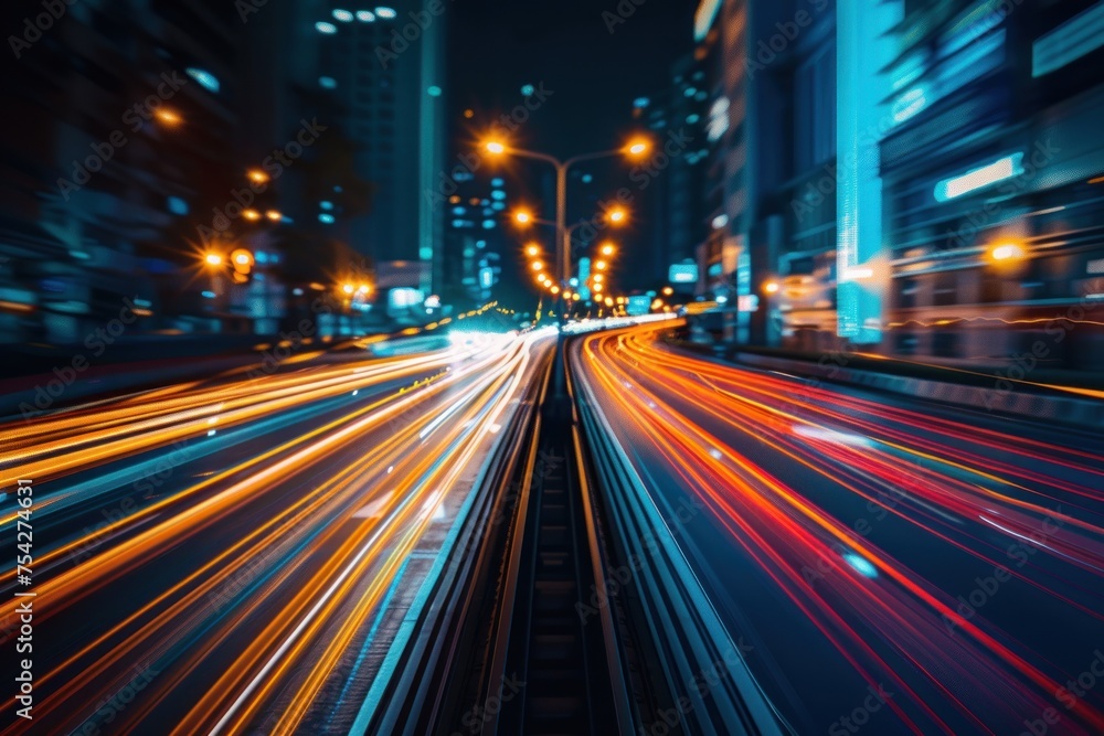 Smart digital city with high speed light trail of cars of digital data transfer