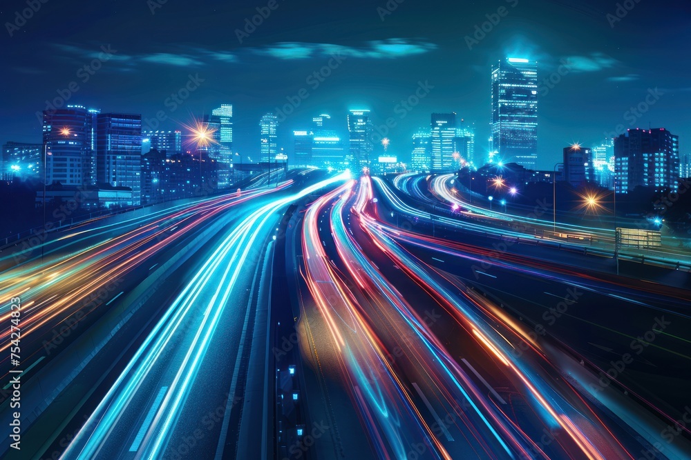 Smart digital city with high speed light trail of cars of digital data transfer