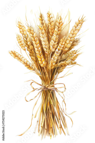 A sheaf of ripe wheat tied with a ribbon, isolated on white, represents harvest, agriculture, and natural food resources, transparent background