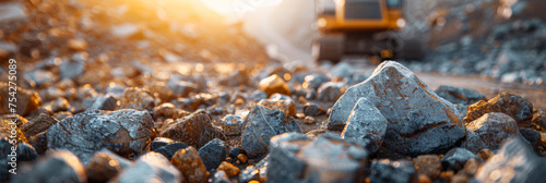 Closeup of rocks and earth at the site of an open pit mine, mine mining process in fabric photo