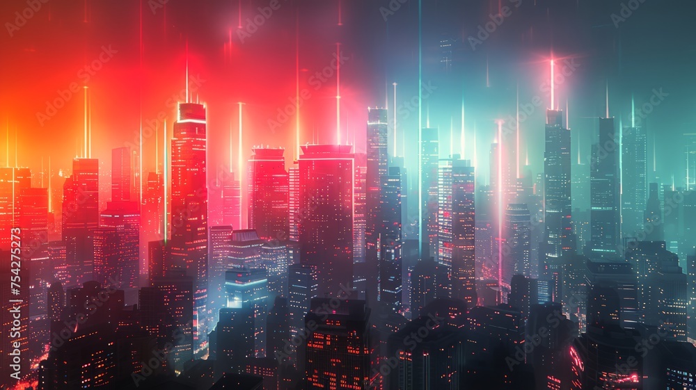 Imagine a futuristic cityscape bathed in vibrant neon lights under a starry sky