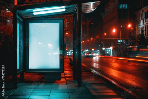 Blank advertising light box on bus stop, mockup of empty ad billboard on night bus station, template banner