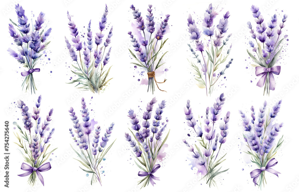 Beautiful violet lavender collection: lavender bouquet. Watercolor illustrations set isolated on white background