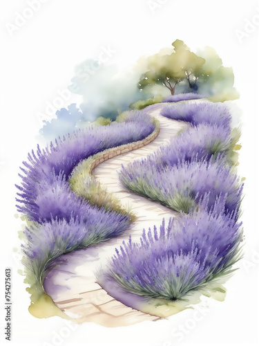 Beautiful violet lavender field and patch. Watercolor illustrations set isolated on white background