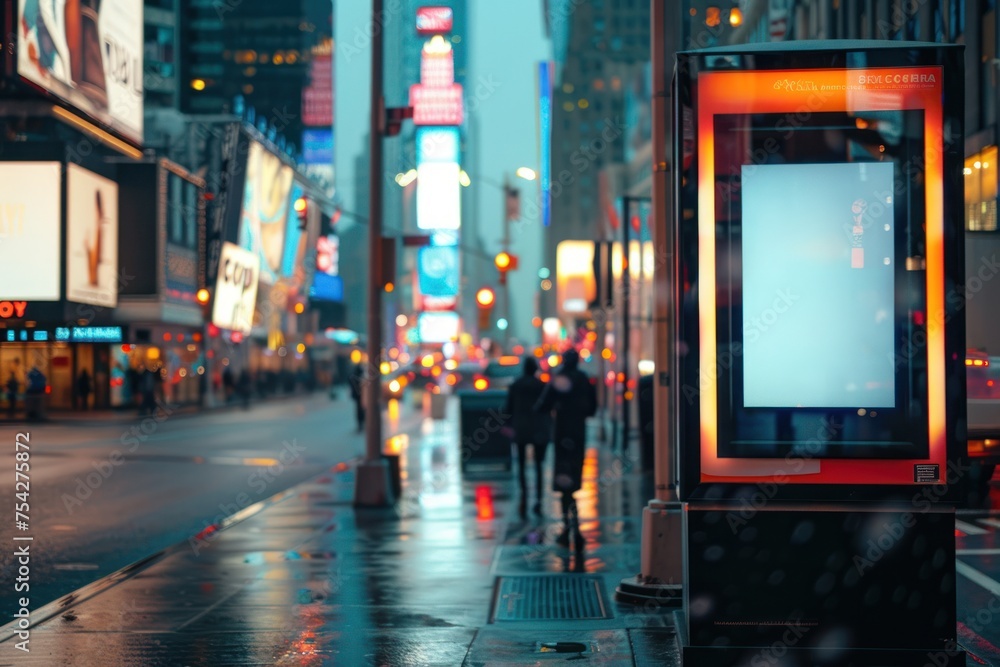 Sidewalk billboard mockup with a blurred city street scene. Urban marketing strategy