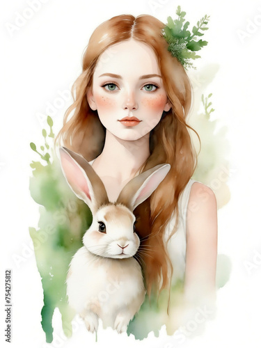 Portrait of romantic girl with wild flowers, berries and rabbit. Watercolor illustration set isolated on white background