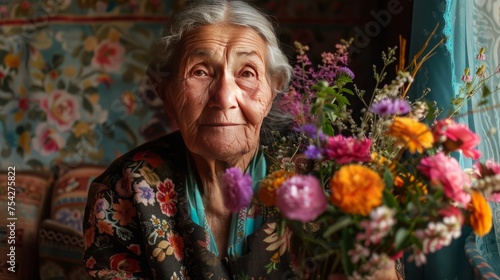 grandmother with a bouquet of flowers.