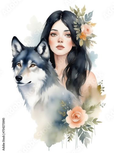 Portrait of romantic girl with wild flowers, leaves and wolf. Watercolor illustration set isolated on white background