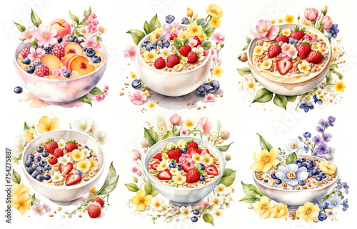 Healthy bowl set, Healthy oatmeal with berries, Watercolor illustrations set on white background