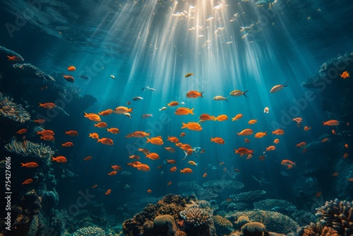 A vibrant underwater scene with a school of fish illuminated by beams of sunlight filtering through water © Dacha AI