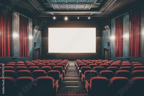 Movie cinema hall interior with rows of seats and white blank mockup screen