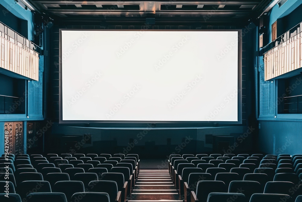 Fototapeta premium Movie cinema hall interior with rows of seats and white blank mockup screen