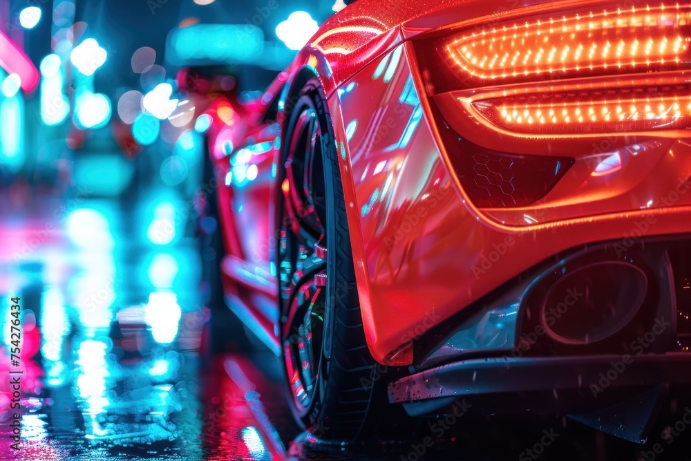 Close up view of a generic and unbranded sport car illuminated by colorful light