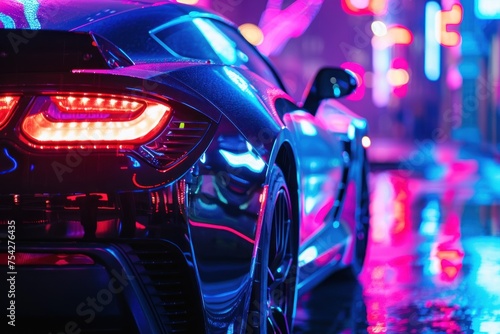 Close up view of a generic and unbranded sport car illuminated by colorful light