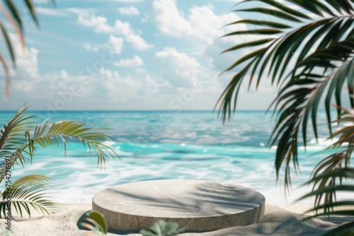 Summer tropical background  Podium on sand beach on sea background