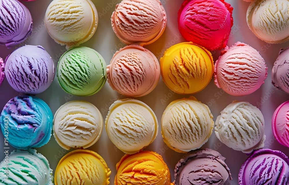 Bright background with colorful ice cream balls with different fruit flavors. Cold and fresh summer treats. Menu Concept. Flat plan, top view. Bright background with colorful ice cream balls with different fruit flavors. Cold and fresh summer treats. Menu Concept. Flat plan, top view.