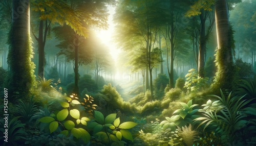 Artistic illustration of lush green and golden leaves with a mystical, glowing light in an enchanted forest scene. © ZeNDaY