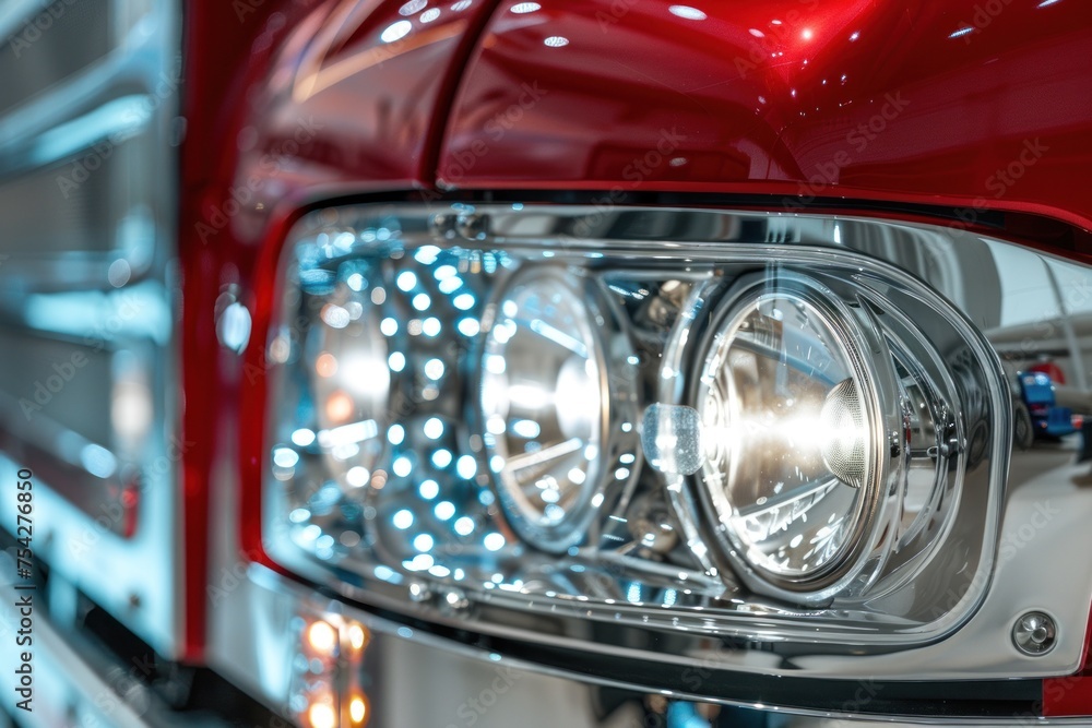 Closeup on headlight of a generic and unbranded truck car on a white background