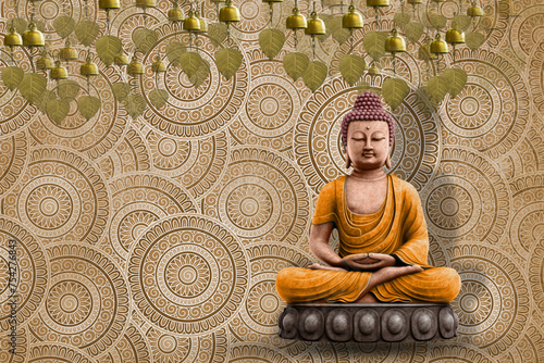 3d budhha wallpaper - circle pattern background with bodhi tree leaves and lord buddha statue  photo
