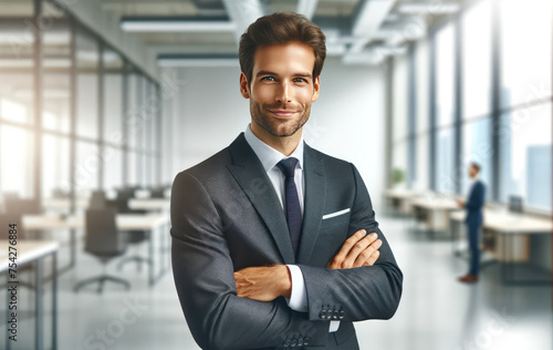 Businessman stands with crossed arms in a bright, contemporary office lobby.