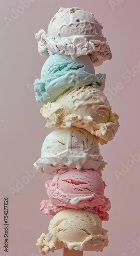 Lots of ice cream balls in waffle on light pink background. A cone of different flavors. A cold and fresh summer treat. Menu or banner concept. Photorealism. On light background with space for text. © Екатерина Савченко