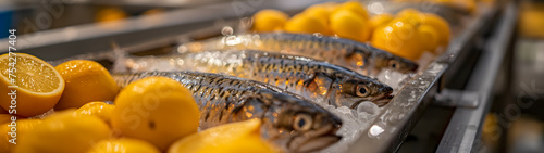 Fresh fish on ice in the supermarket. Selective focus. Shallow depth of field.