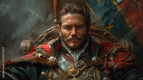 Detailed artwork of a stately commander with a thoughtful expression, set against a battle backdrop