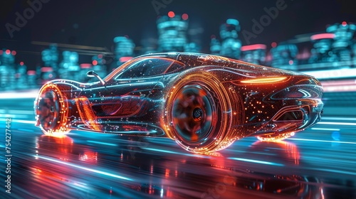 High-speed concept car with neon light streaks on city street. 3D render of a sports car with glowing particles effect. Urban nightlife and futuristic transportation concept
