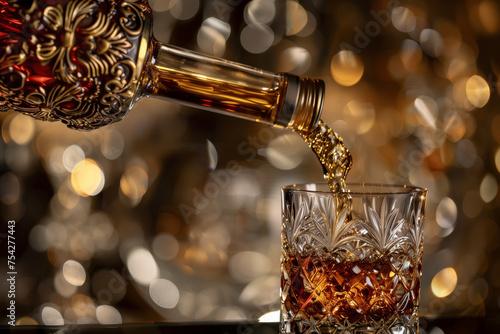 Close-up dynamic moment of whisky poured into a glass