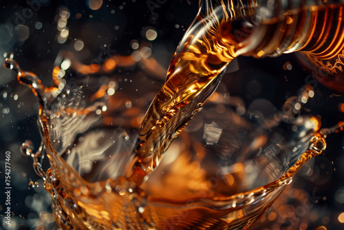 Close-up dynamic moment of whisky poured into a glass