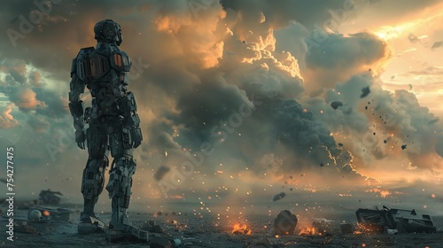 Solitary robot looking at a stormy sky on a devastated battlefield. Digital artwork portraying a dystopian world. Themes of war, peace, and the future of humanity.