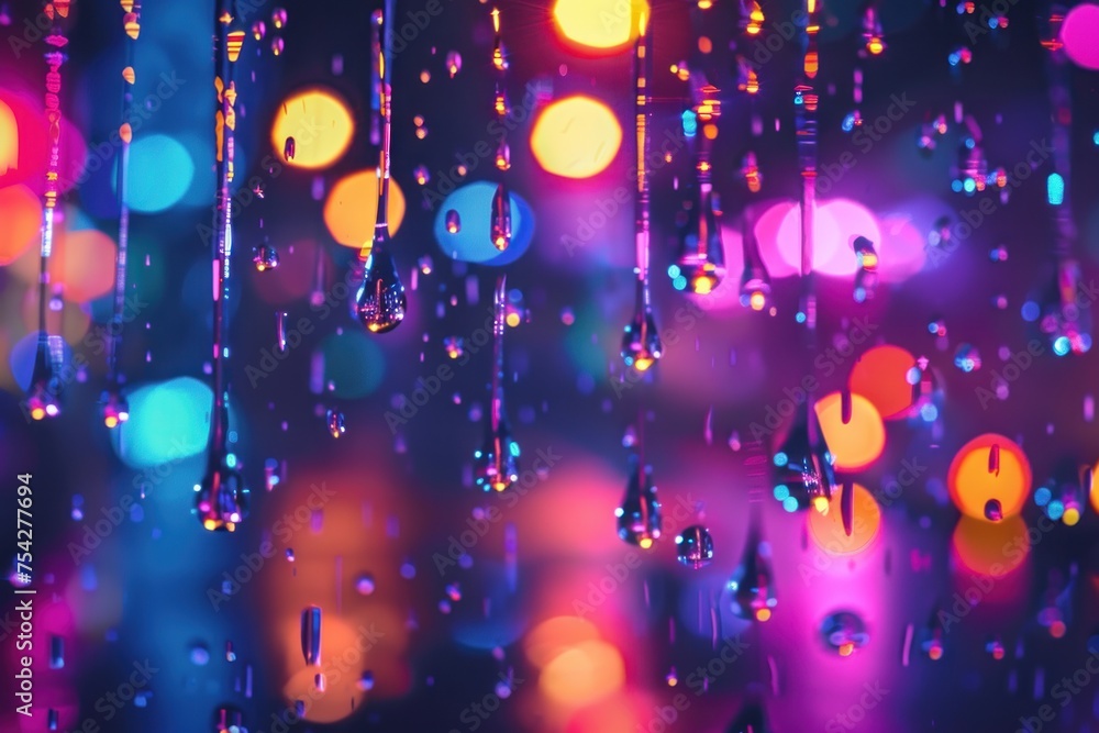 Digital raindrops falling against neon backdrop - obrazy, fototapety, plakaty 