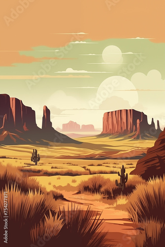 Retro illustration of American desert mountain landscape