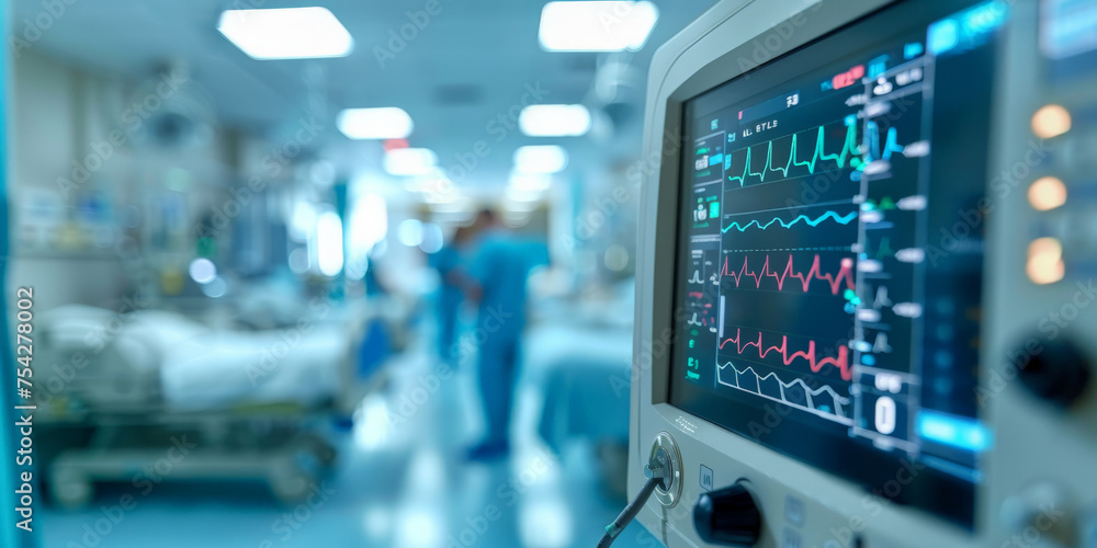 A closeup of a medical monitor healthcare system, heart monitor, banner A closeup of a medical monitor healthcare system, heart monitor, banner