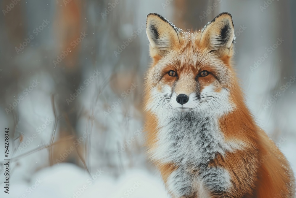Fototapeta premium A picture of a wild fox in a forest, red fox in the snowy jungle, snow falls, animals photography and a Japanese fox, AI Generated