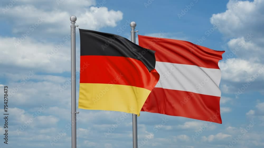 Austria and Germany two flags waving together, looped video, two country relations concept Austria and Germany two flags waving together, looped video, two country relations concept