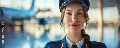 Attractive smiling female airplane pilot on the ramp, charming female private airline employee in uniform and cap