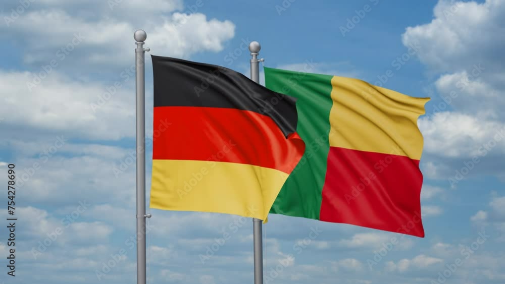 Germany and Benin two flags waving together, looped video Germany and Benin two flags waving together, looped video