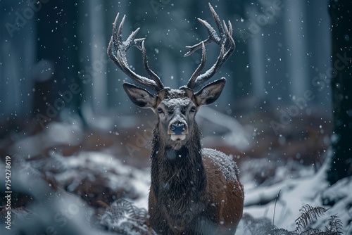 A picture of a wild deer in a forest  giant moose in the snowy jungle  snow falls  animals photography  AI Generated